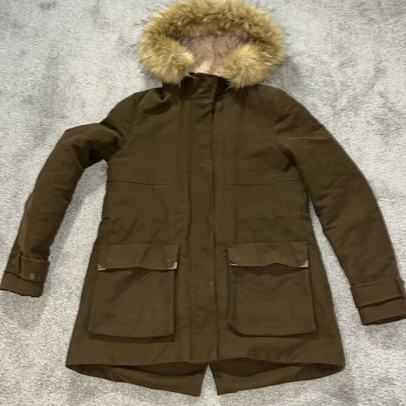 ZARA Trafaluc Outerwear Parka Sherpa Lined w/ Fake Fur Trim Hood M Russian Spy - Picture 8 of 10